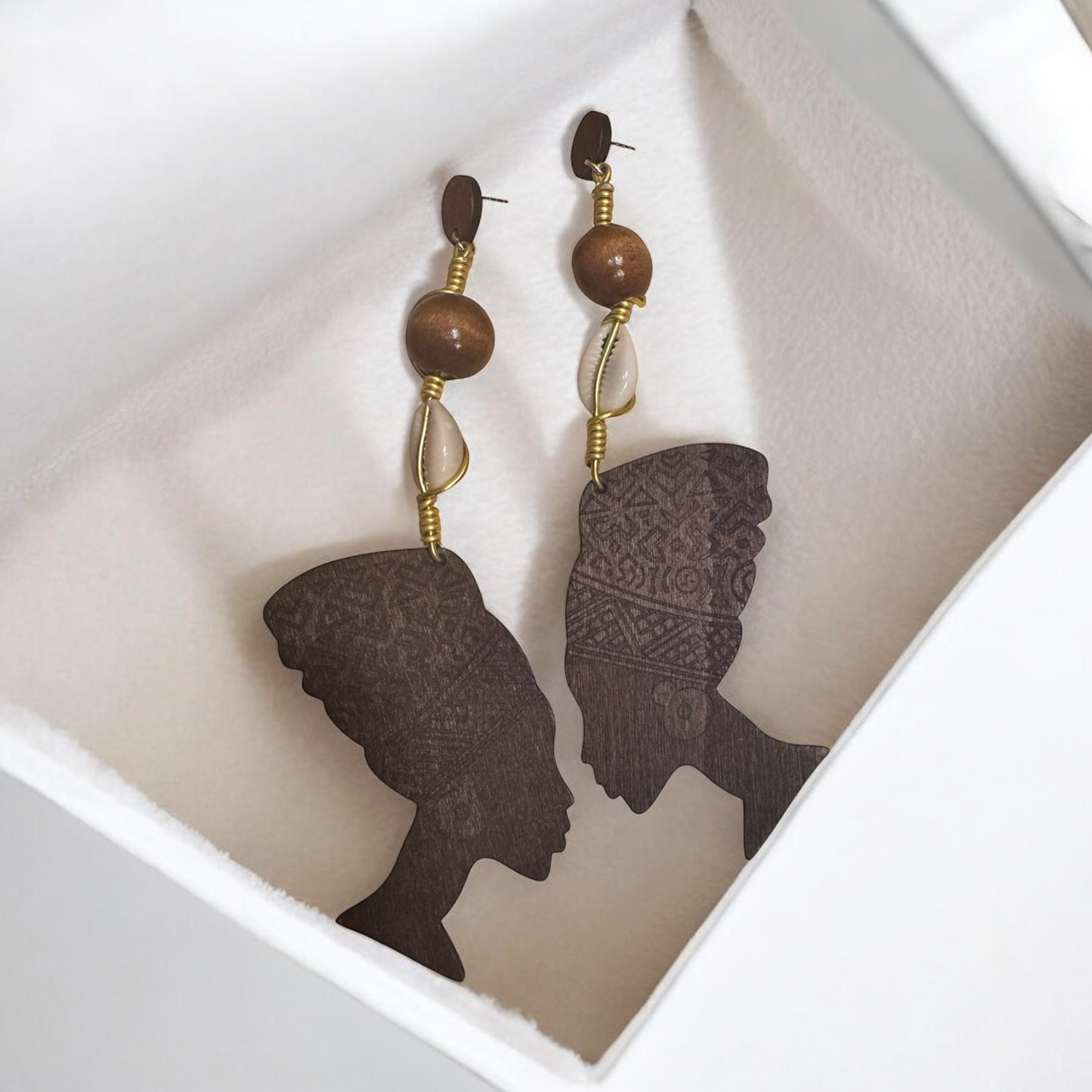 Wooden Nefertiti Earrings | Handmade Gold Accents