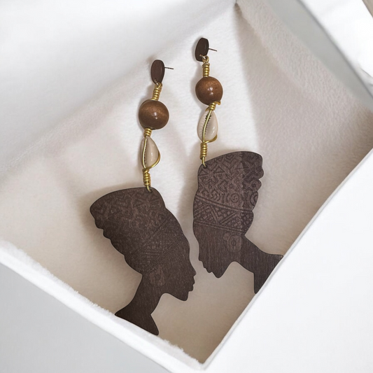 Wooden Nefertiti Earrings | Handmade Gold Accents