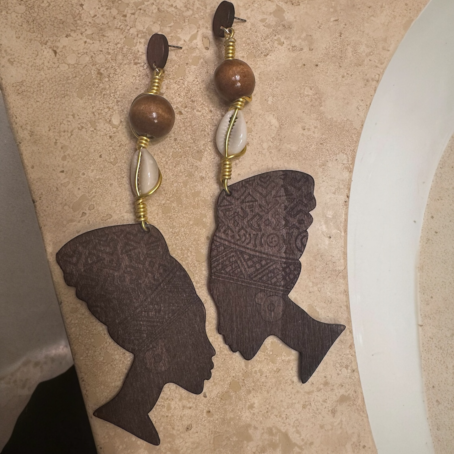 Wooden Nefertiti Earrings | Handmade Gold Accents
