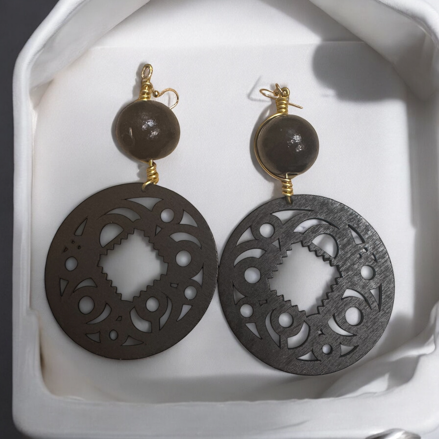 Turban Headwrap, Wood Earrings Set, Black Gold Jewelry, Handmade