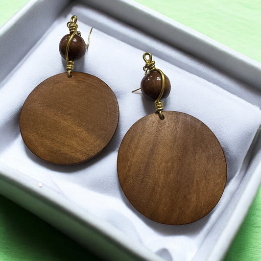 Brown Wood Round Earrings With Handmade Twist