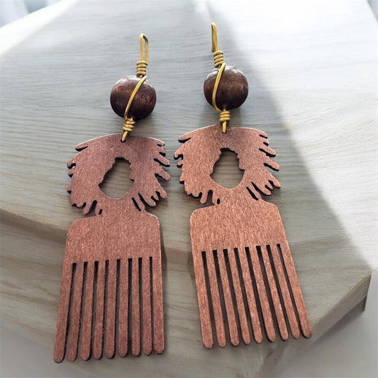 Ethnic Brown Wood Earrings With A Handmade Twist