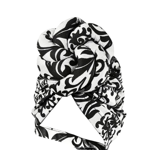 Oversized Knotted Black and White Printed Turban Head Wrap