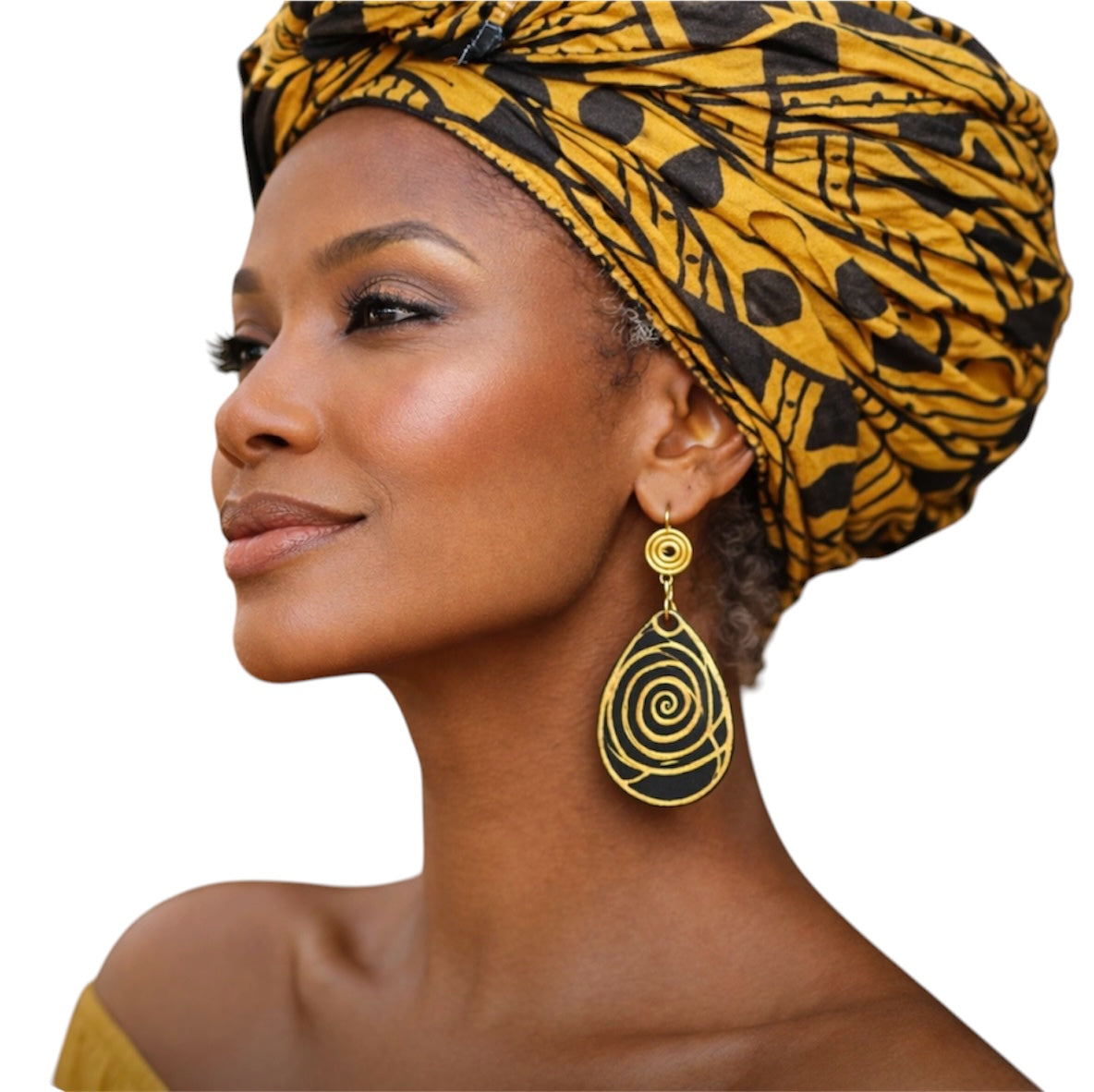 Dark skin middle-aged woman wearing yellow patterned headwrap and Afrocentric black and gold spiral statement earrings on clean white background in profile view