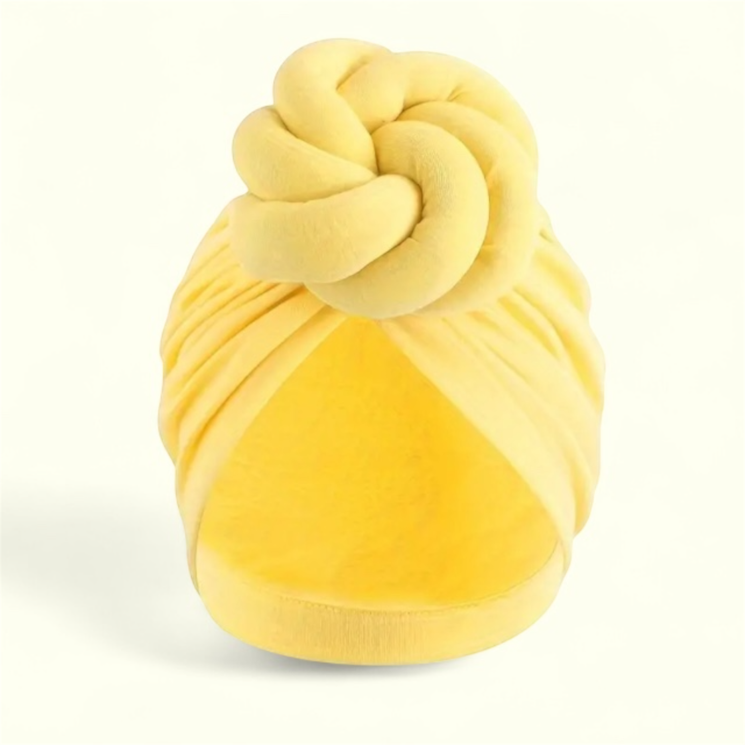 Stylish, oversized yellow turban headwrap, perfect for summer.