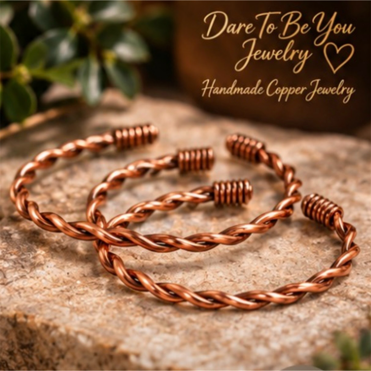 Set of three adjustable handmade pure copper twisted cuff bracelets