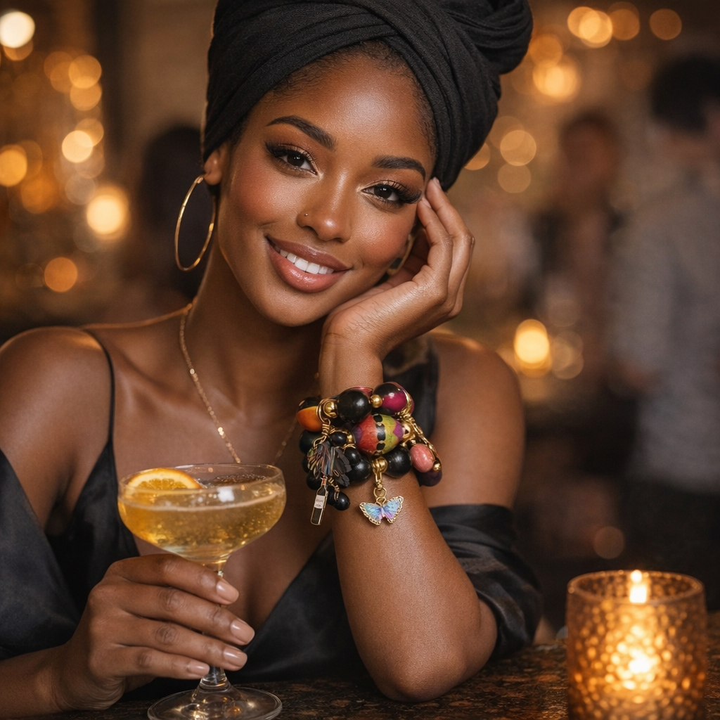 Brown skin woman in black headwrap wearing Dare To Be You Afrocentric charm bracelet stack in elegant social setting