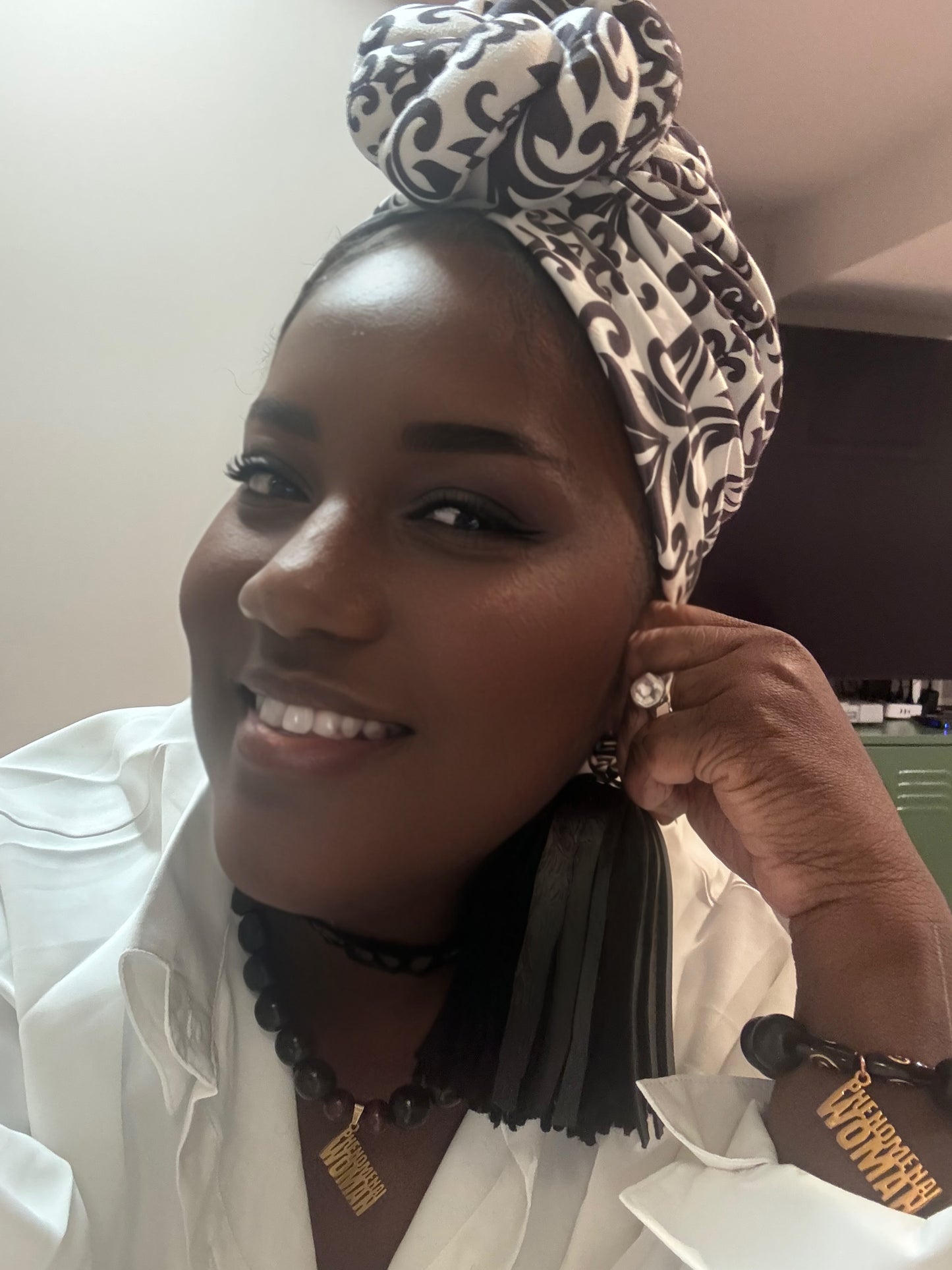 Oversized Knotted Black and White Printed Turban Head Wrap
