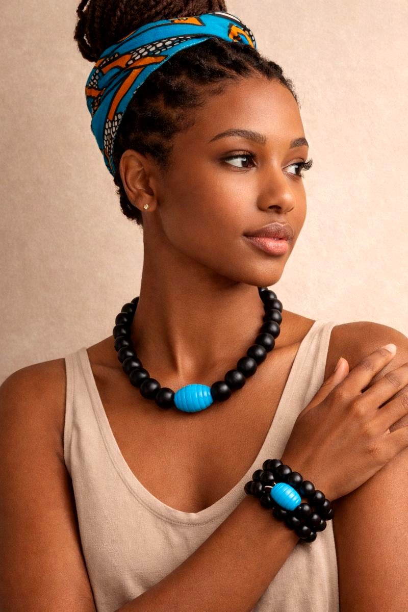  Black and turquoise wood bead jewelry set - matching necklace and stacked bracelet combo with African inspired design and cultural pride styling