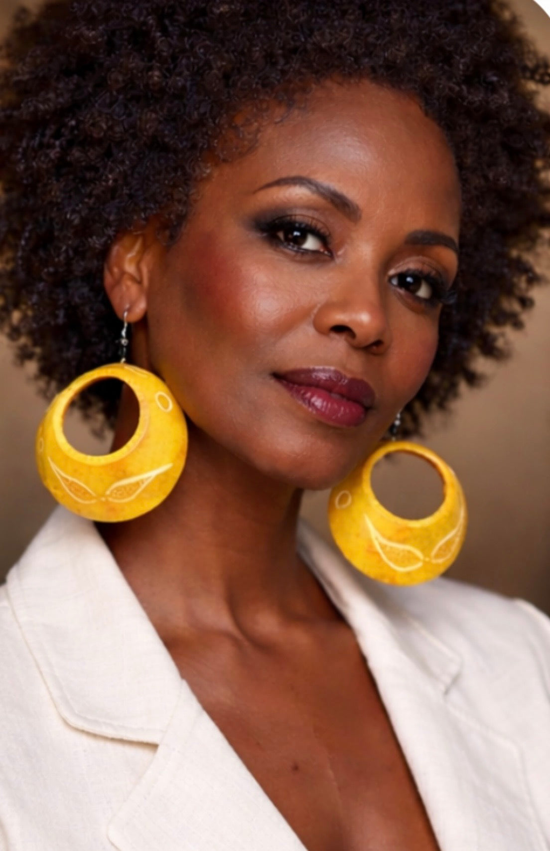 Afrocentric Yellow Calabash Statement Earrings – Handmade Wooden African Bold Lightweight Earrings for Women