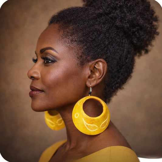 Afrocentric Yellow Calabash Statement Earrings – Handmade Wooden African Bold Lightweight Earrings for Women