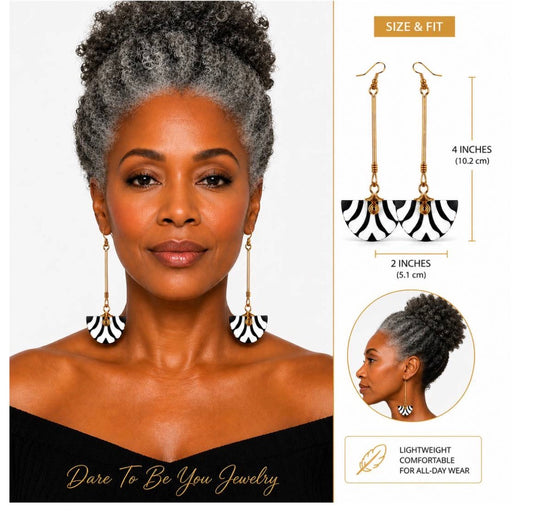 Afrocentric Black White Bone Inlay Long Drop Earrings