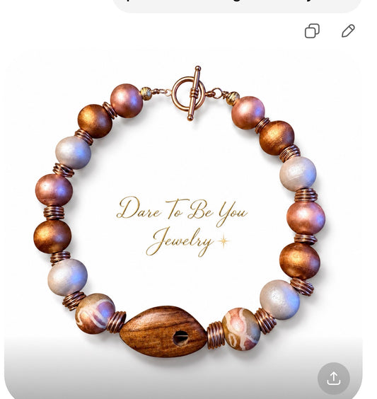 Afrocentric Bronze Wood Statement Necklace & 2-Stack Bracelet Set