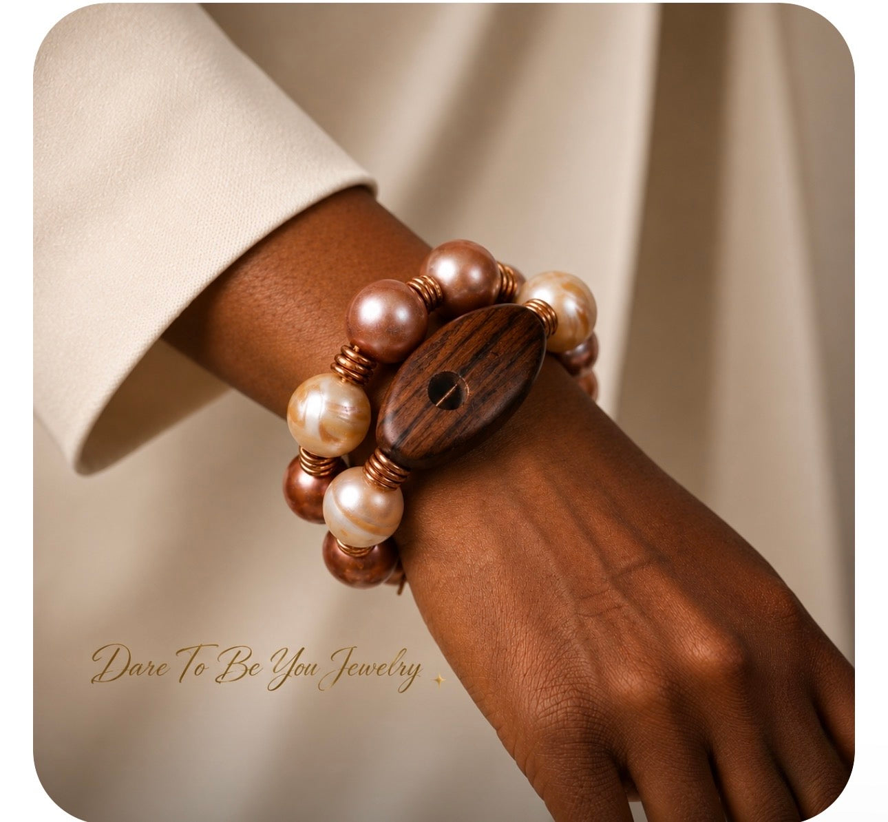 Afrocentric Bronze Wood Statement Necklace & 2-Stack Bracelet Set