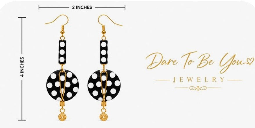 Size measurement guide for handmade Afrocentric black and white polka statement earrings with gold accents showing approximate 4-inch length and 2-inch width by Dare To Be You Jewelry.