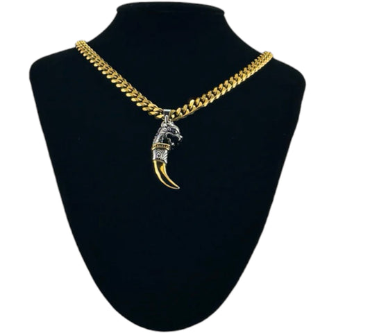 316L Stainless Steel Gold Wolf Tooth Pendant Cuban Chain Necklace