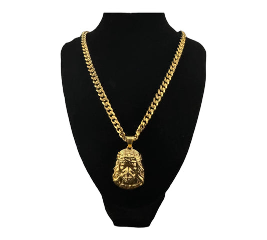 18k Gold Titanium Stainless Steel Cubin Link Chain with Jesus Pendant