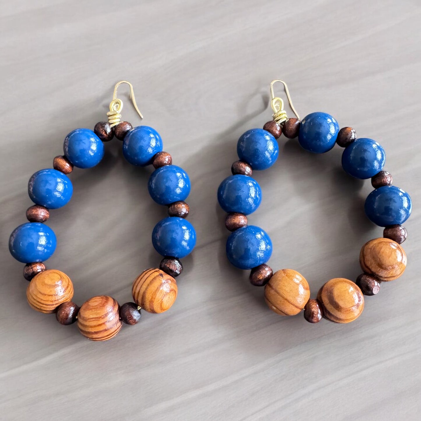 Bold Blue and Brown Wood Earrings