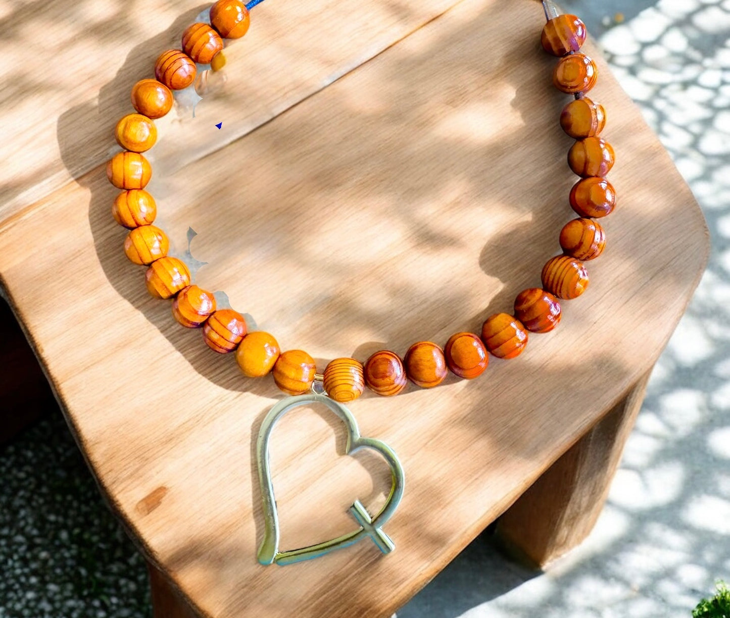 Brown Bead Heart Cross Pendant Necklace