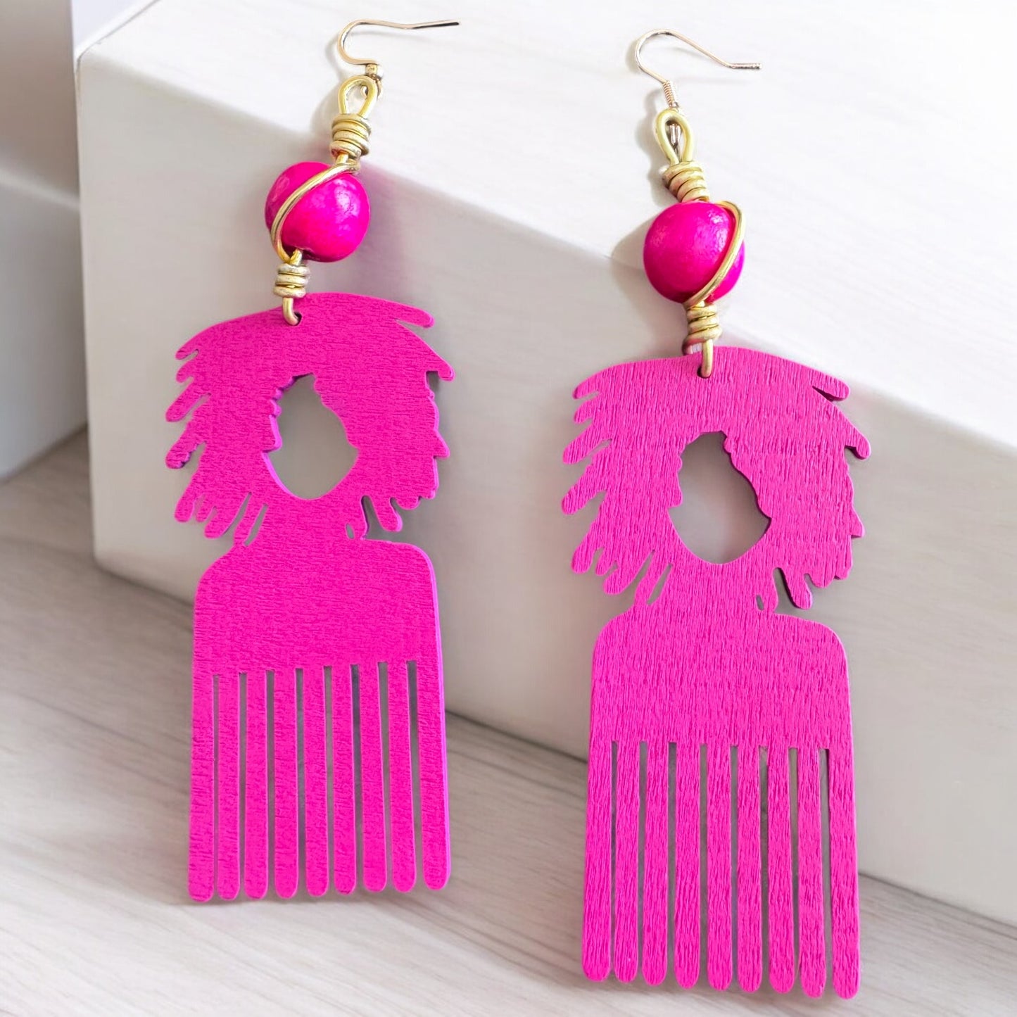 Afro Pick Pink Wood Earrings