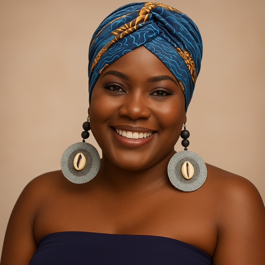 Blue Printed Turban Headwrap Earring Set