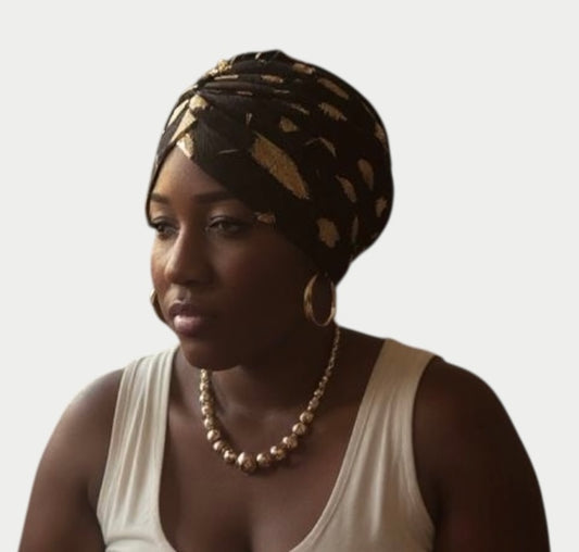 Black Gold Flower Accent Turban Headwrap