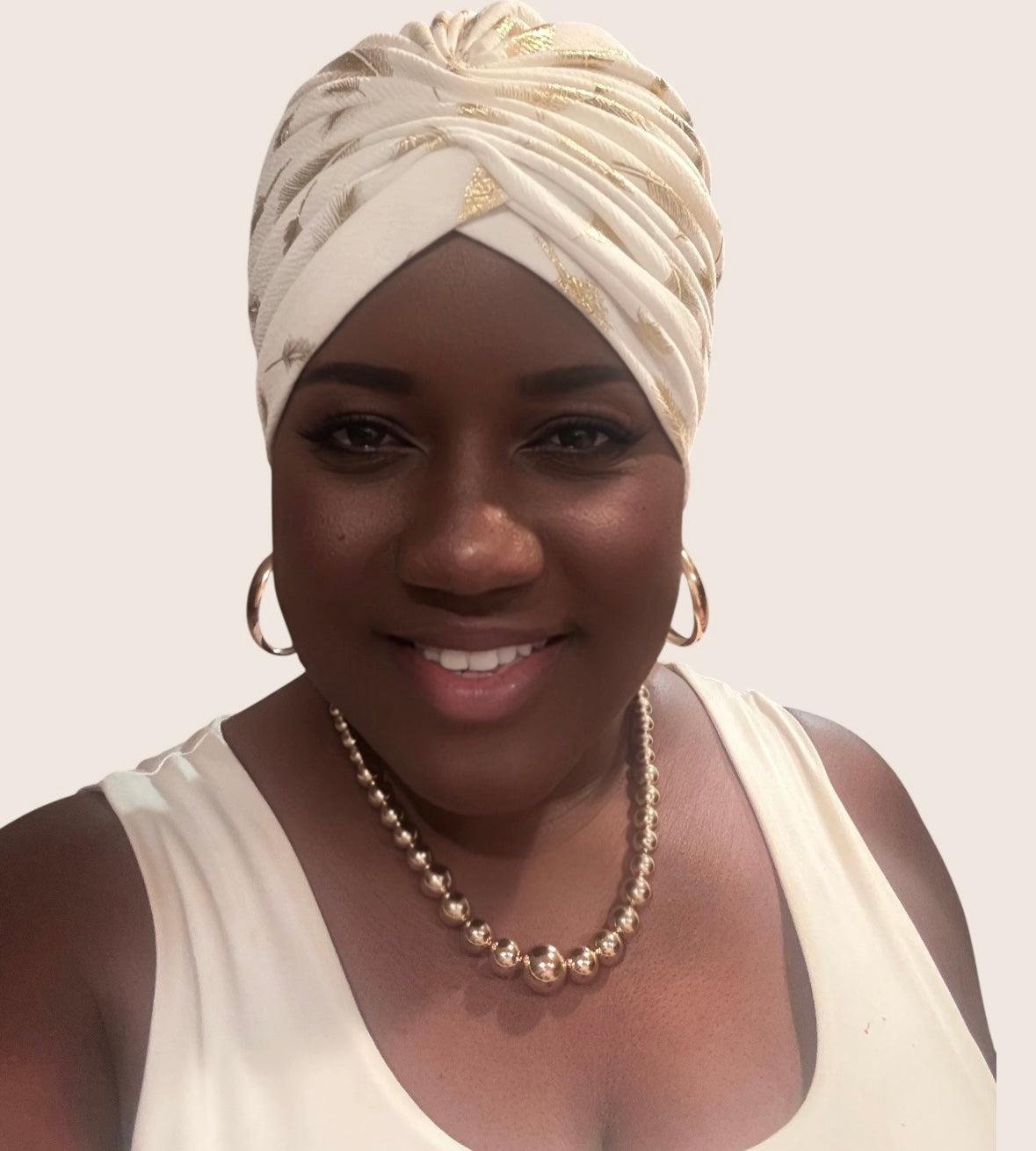 White Turban Headwrap With Gold Flowers Accents A cents