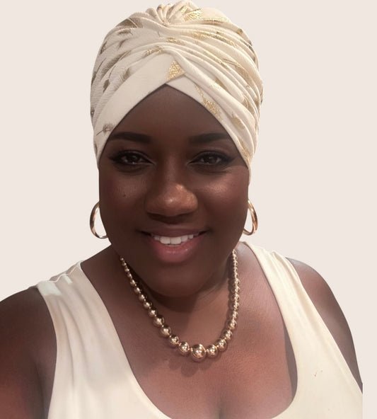 White Turban Headwrap With Gold Flowers Accents A cents