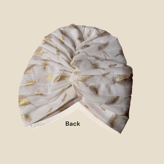 White Turban Headwrap With Gold Flowers Accents A cents