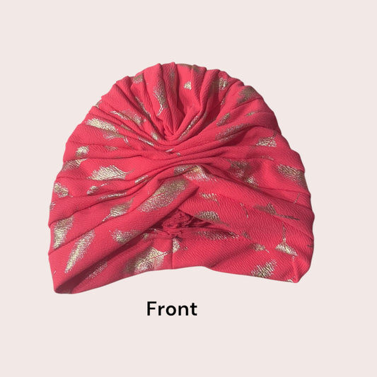 Pink Turban Head Wrap with Gold Flower