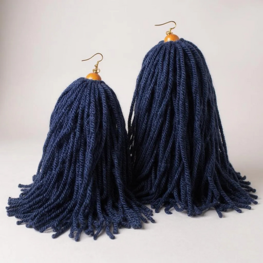 Navy Blue Tassel Handmade Yarn Earrings