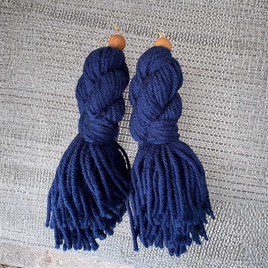 Blue Twisted Handmade Yarn Tassel Earrings