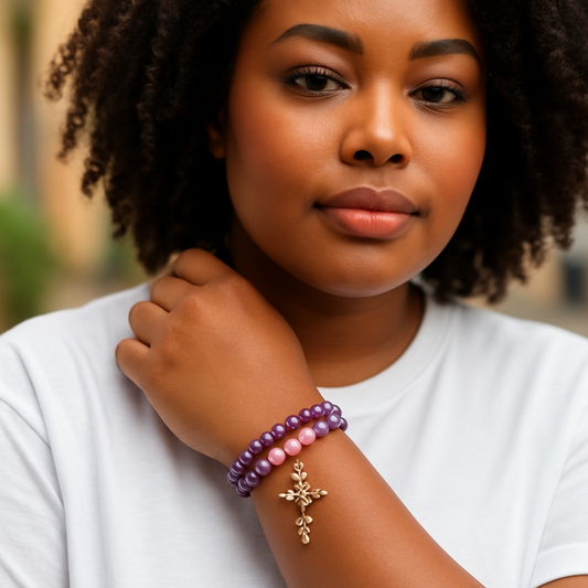 Purple Glass Bead Cross Bracelet