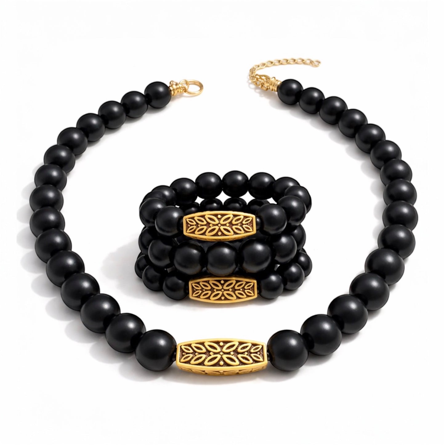 Queen Essence Black & Gold Statement Necklace + Bracelet Set