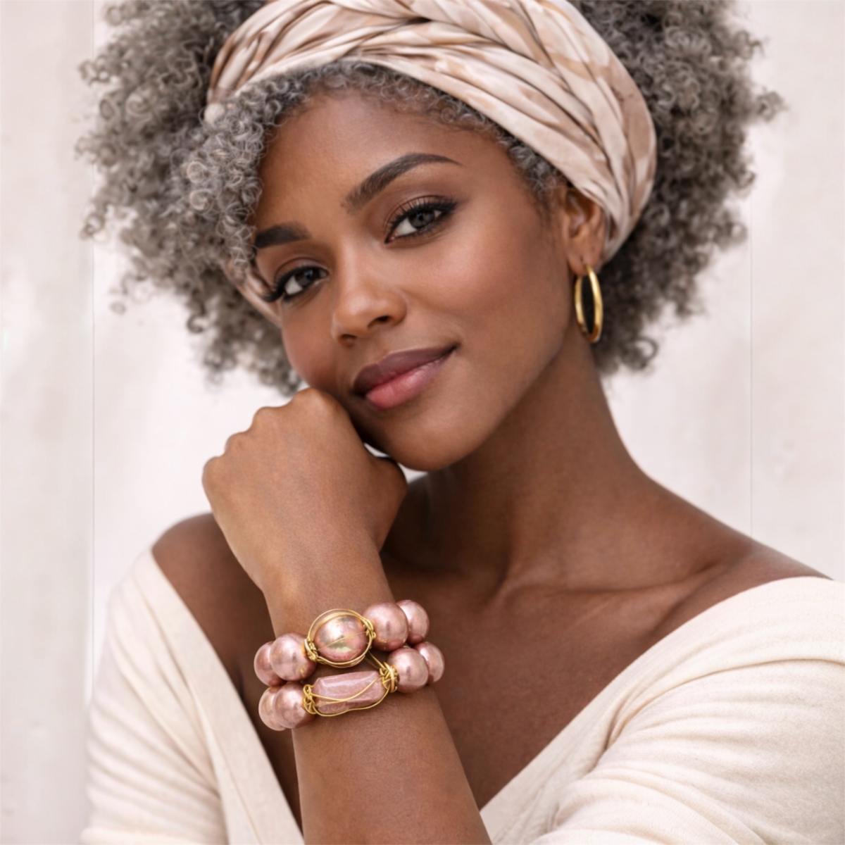 Queen Mother Blush Gold Stack Bracelet Set | Afrocentric Chunky Beaded Stretch Bracelets