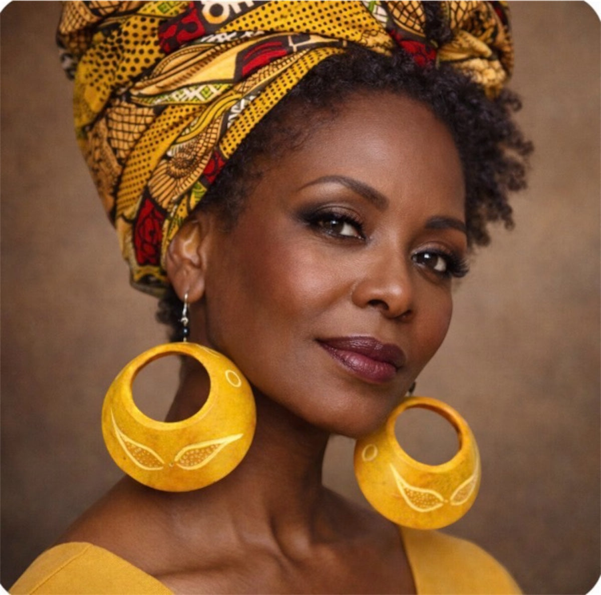 Afrocentric Yellow Calabash Statement Earrings – Handmade Wooden African Bold Lightweight Earrings for Women