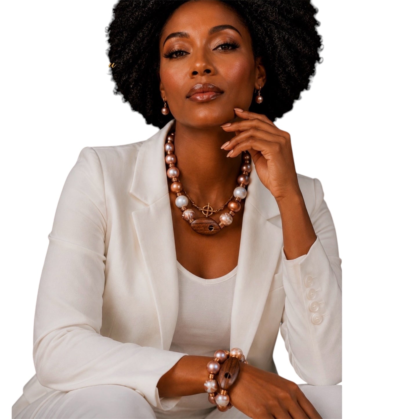 Afrocentric Bronze Wood Statement Necklace & 2-Stack Bracelet Set
