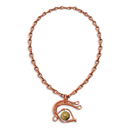 Handmade Copper Protective Eye Necklace with Serpentine Gemstone – 22 Inch