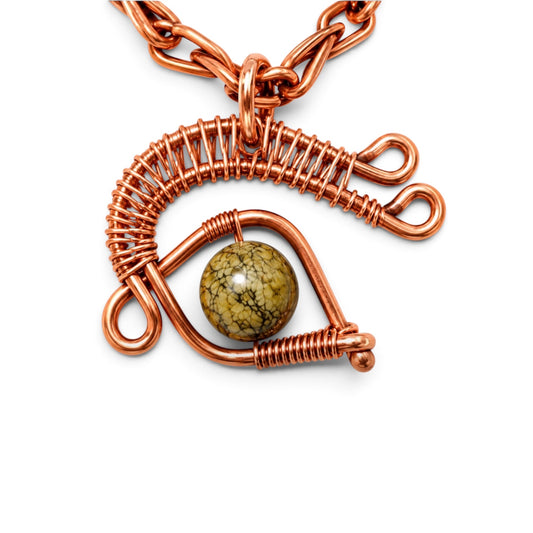 Handmade Copper Protective Eye Necklace with Serpentine Gemstone – 22 Inch
