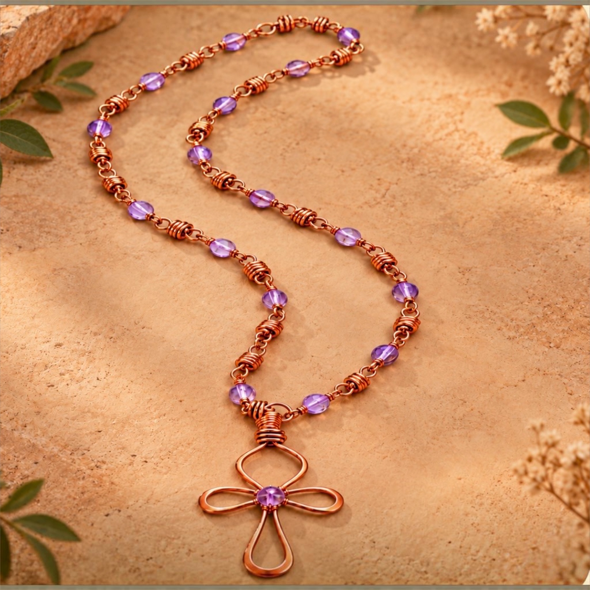Handmade Copper Ankh Necklace with Lavender Beads – 22 Inch