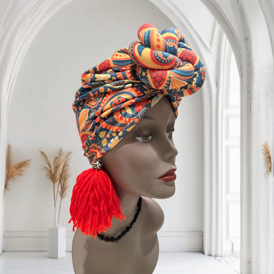 Tropical Orange Turban Headwrap With Oversize knot