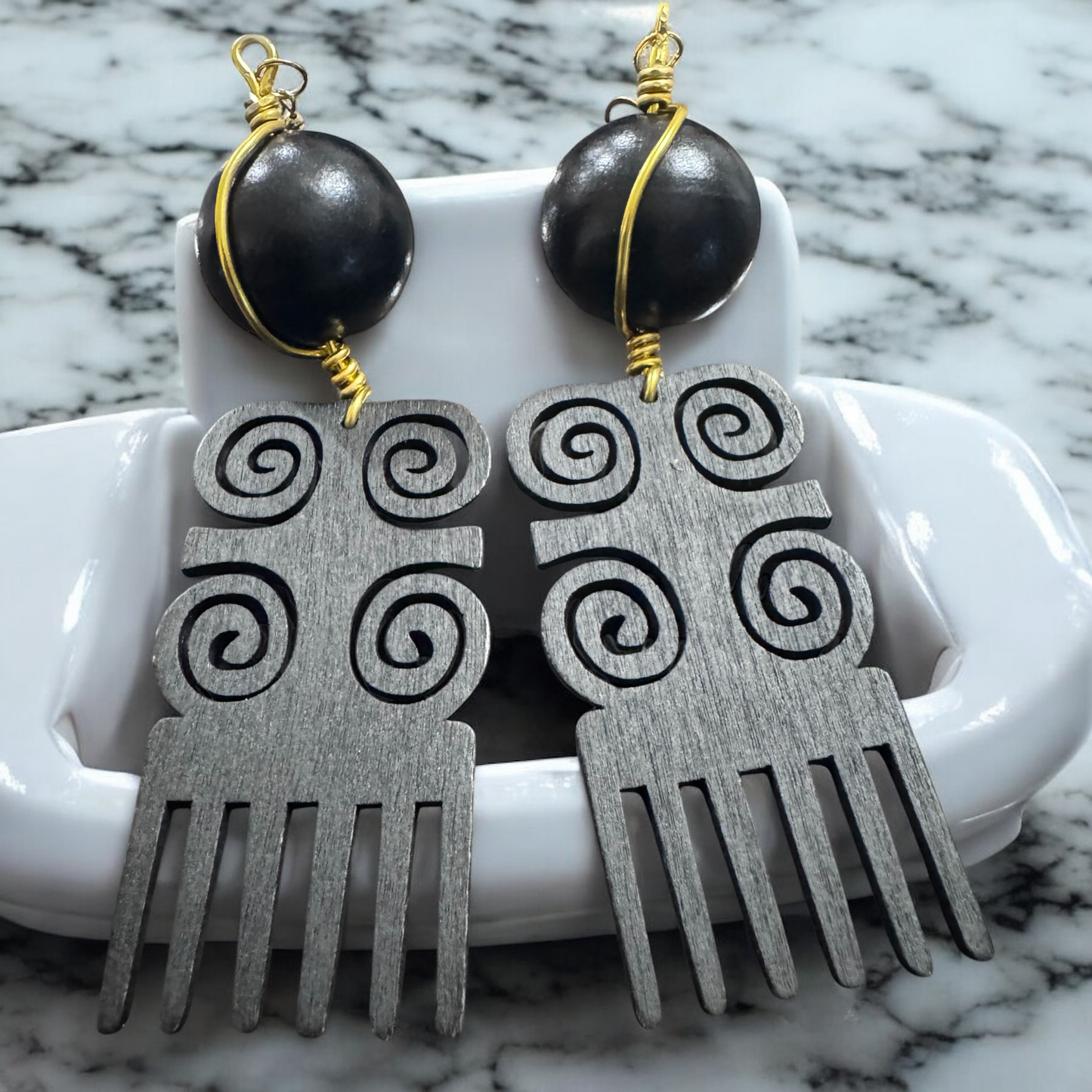 Handmade Wooden Black Beaded Earrings with Goldwire - Afro Comb Heritage