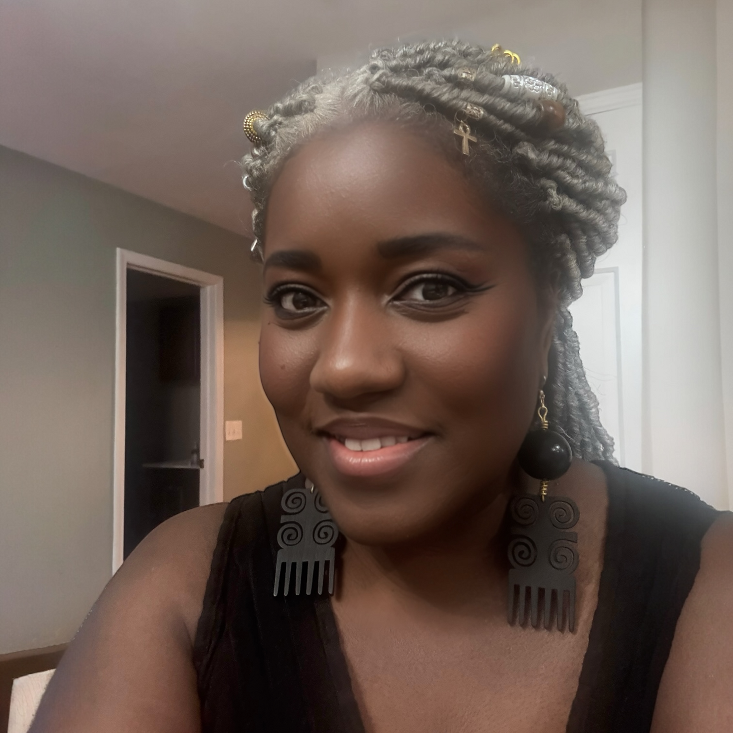Handmade Wooden Black Beaded Earrings with Goldwire - Afro Comb Heritage
