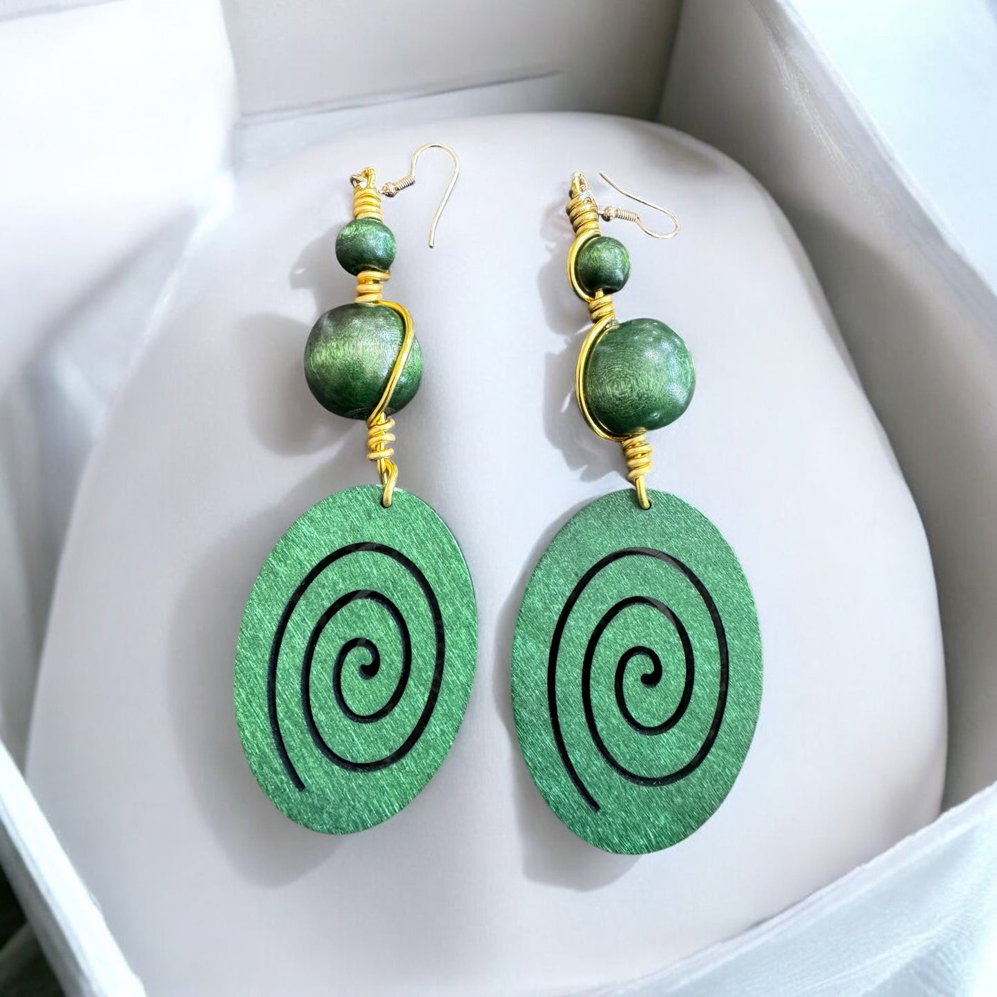 Green Wood Round Spiral Earrings With a Handmade Twist
