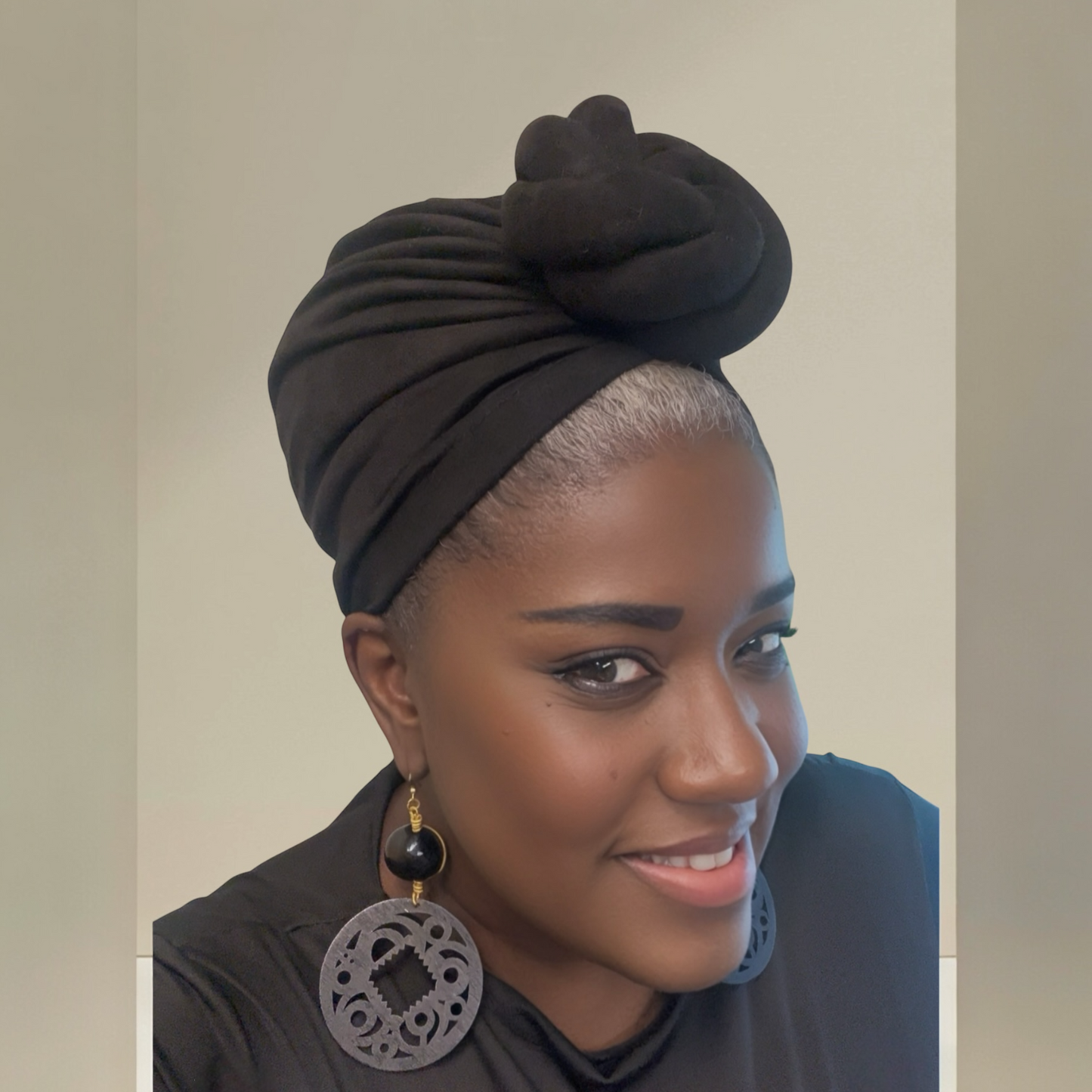 Turban Headwrap, Wood Earrings Set, Black Gold Jewelry, Handmade