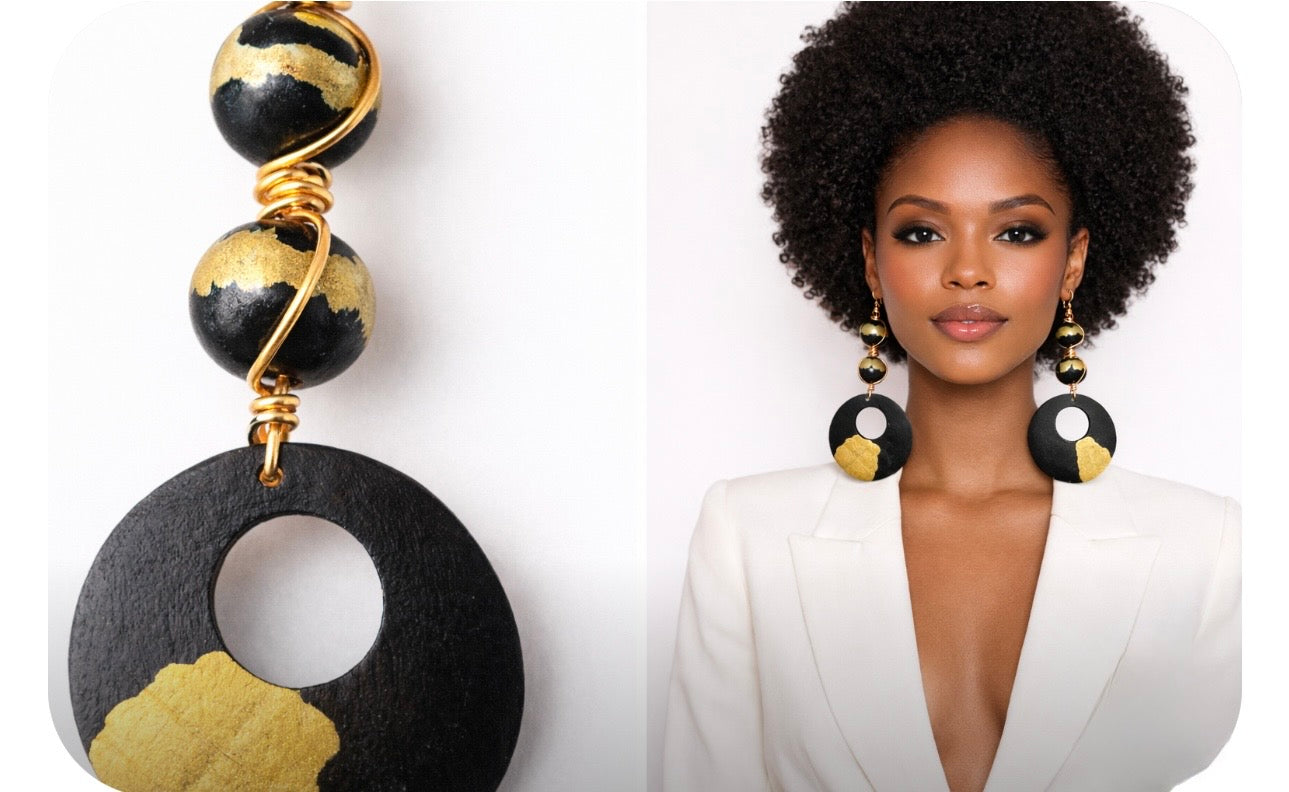 afrocentric black gold heritage statement earrings close up detail with model wearing white blazer bold handmade afrocentric jewelry