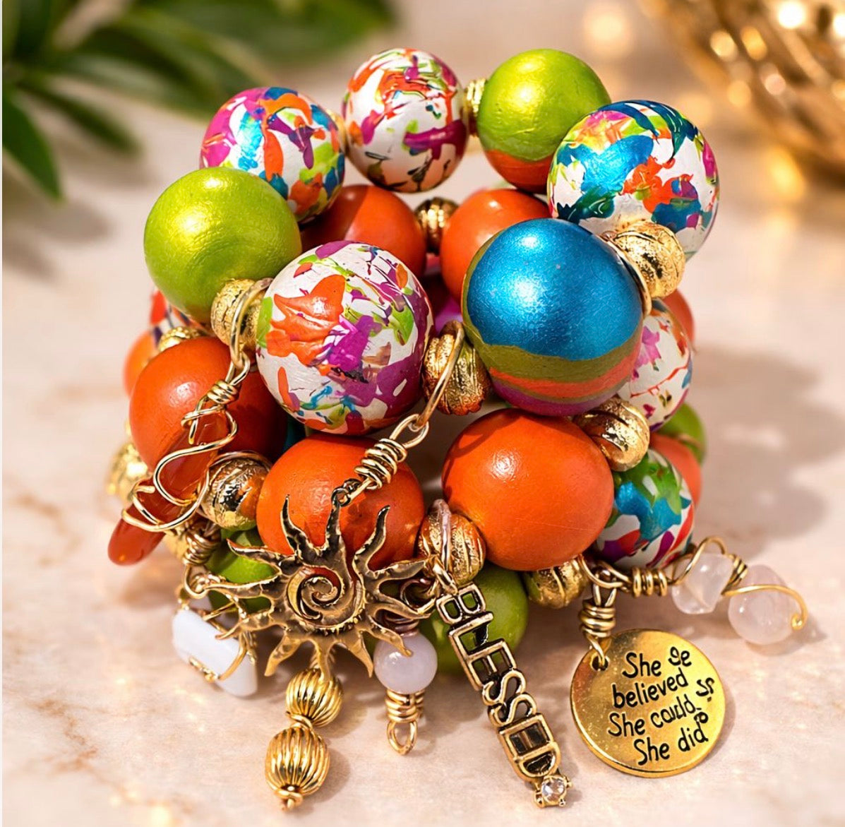 Handmade Afrocentric bracelet stack with colorful 25mm wood beads and Blessed inspirational charm