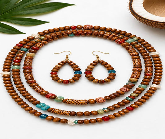 Afrocentric Earth Harmony wood coconut and glass bead necklace and earrings on white background