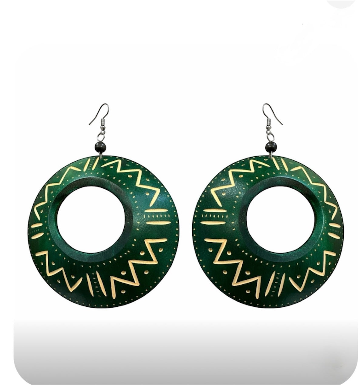 Afrocentric green calabash statement earrings handmade wood with gold tribal patterns large lightweight cultural jewelry on white background