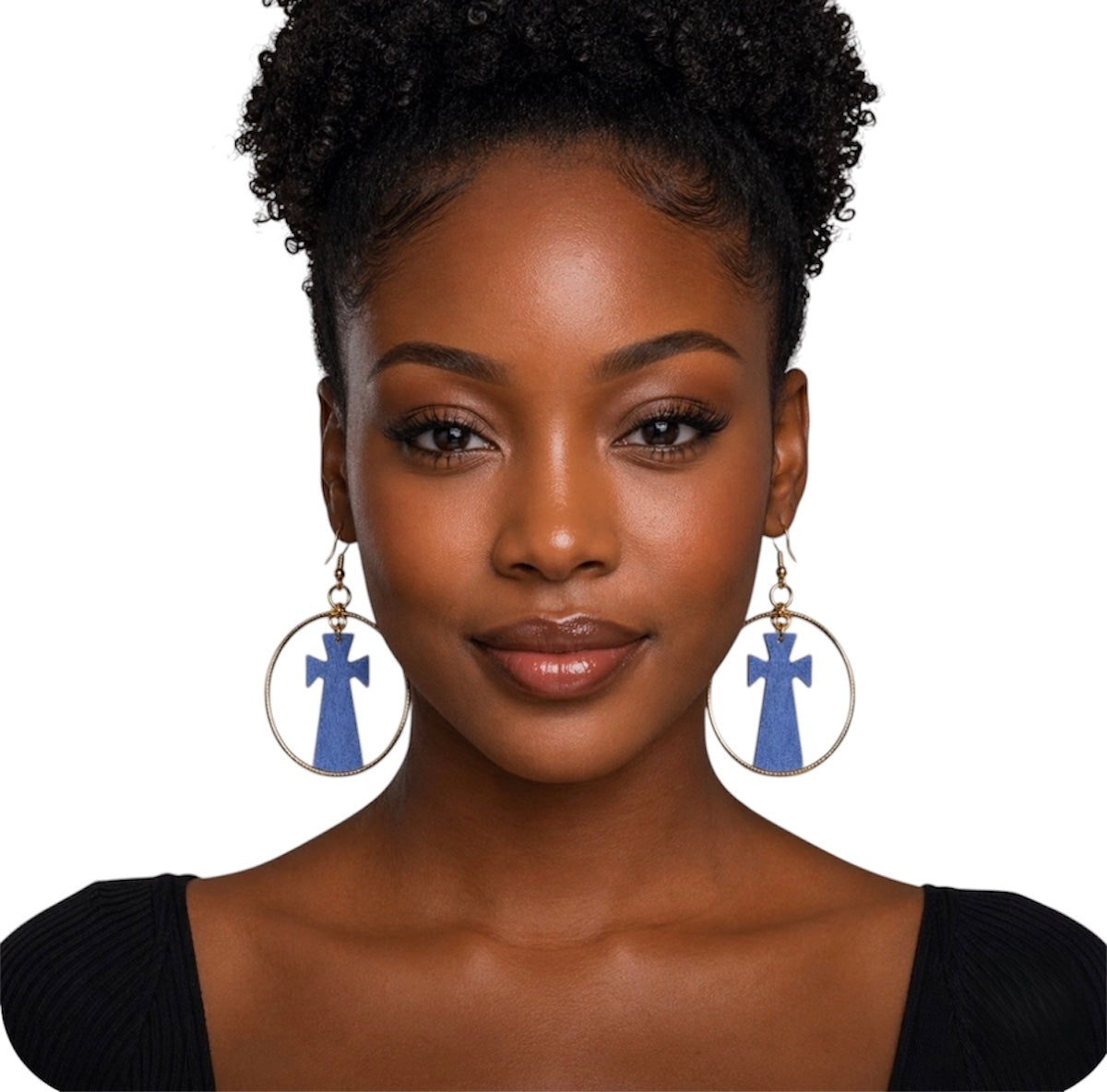 Black woman facing forward wearing afrocentric grey cross hoop statement earrings handmade bold jewelry